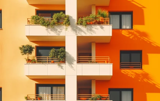 fachada de un edificio naranjo con balcones y ventanas