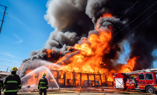 edificio envuelto en llamas con bomberos intentando de parar el fuego